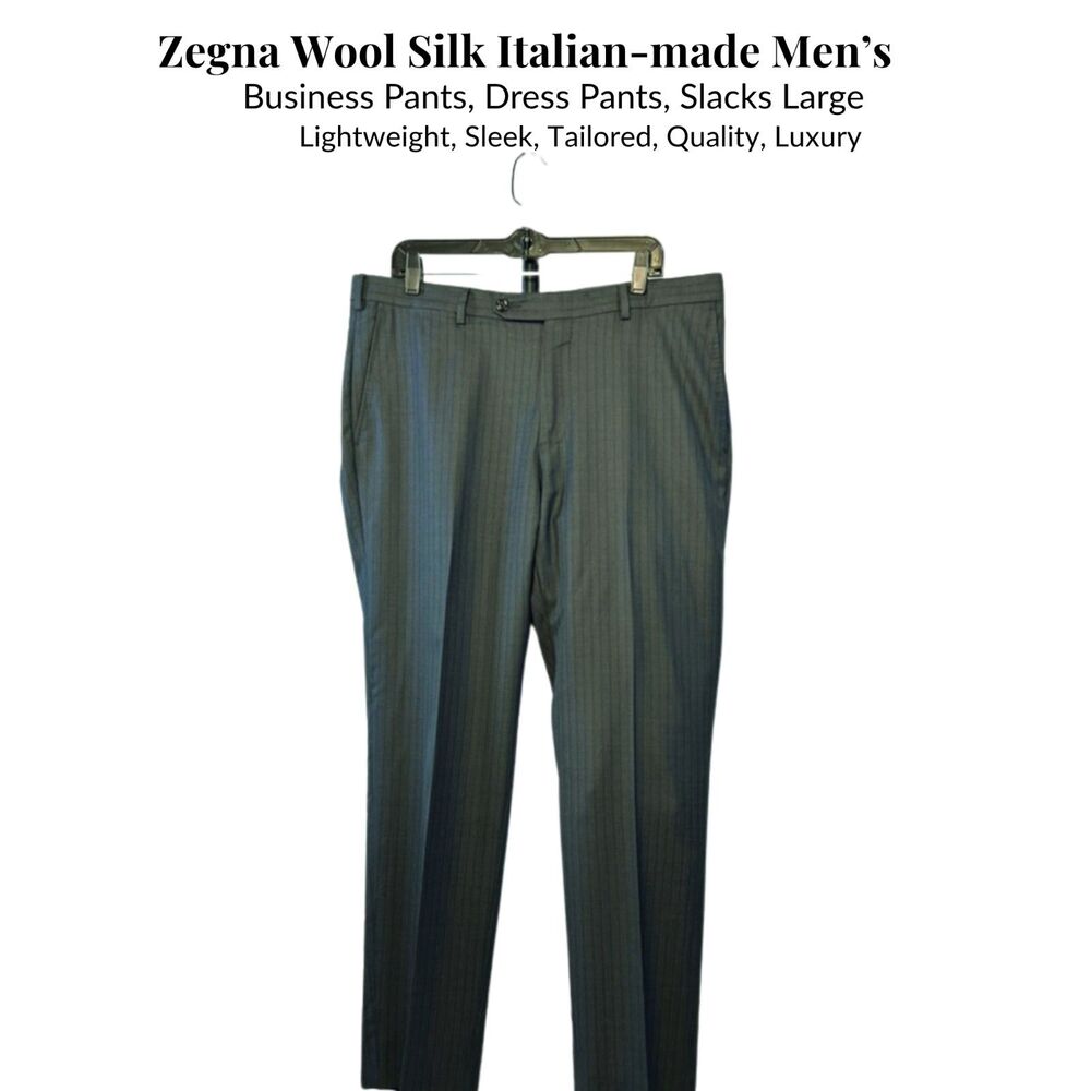 Zegna Wool, Silk Mens Gray Pinstripe Pants Mila Straight fit, Tailored, 36x31